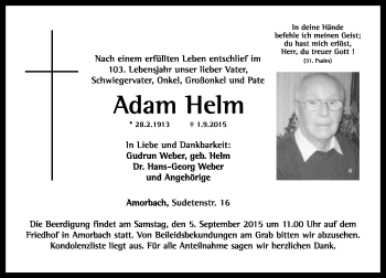Traueranzeige von Adam Helm von trauer.echo-online.de