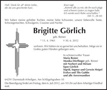 Traueranzeige von Brigitte Görlich von Echo-Zeitungen (Gesamtausgabe)