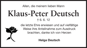Traueranzeige von Klaus-Peter Deutsch von Darmstädter Echo, Odenwälder Echo, Rüsselsheimer Echo, Groß-Gerauer-Echo, Ried Echo