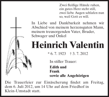 Traueranzeige von Heinrich Valentin von Echo-Zeitungen (Gesamtausgabe)