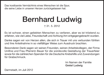 Traueranzeige von Bernhard Ludwig von Darmstädter Echo, Odenwälder Echo, Rüsselsheimer Echo, Groß-Gerauer-Echo, Ried Echo