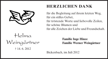 Traueranzeige von Helma Weingärtner von Echo-Zeitungen (Gesamtausgabe)