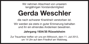 Traueranzeige von Gerda Weschler von Rüsselsheimer Echo, Groß-Gerauer-Echo, Ried Echo