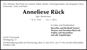 Traueranzeige von Anneliese Rück von Echo-Zeitungen (Gesamtausgabe)