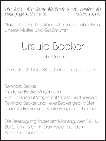 Traueranzeige von Ursula Becker von Echo-Zeitungen (Gesamtausgabe)