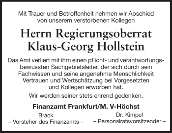 Traueranzeige von Klaus-Georg Hollstein von Echo-Zeitungen (Gesamtausgabe)