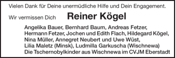 Traueranzeige von Reiner Kögel von Darmstädter Echo, Odenwälder Echo, Rüsselsheimer Echo, Groß-Gerauer-Echo, Ried Echo