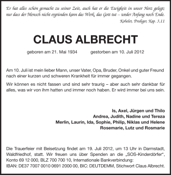 Traueranzeige von Claus Albrecht von Echo-Zeitungen (Gesamtausgabe)