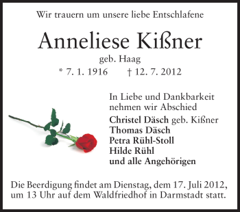 Traueranzeige von Anneliese Kißner von Echo-Zeitungen (Gesamtausgabe)