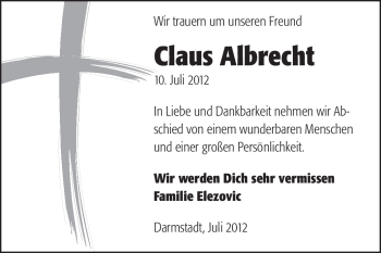 Traueranzeige von Claus Albrecht von Echo-Zeitungen (Gesamtausgabe)