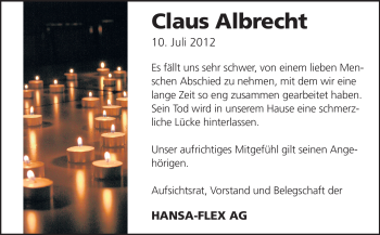 Traueranzeige von Claus Albrecht von Echo-Zeitungen (Gesamtausgabe)