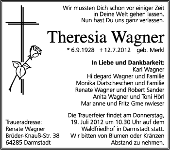Traueranzeige von Theresia Wagner von Echo-Zeitungen (Gesamtausgabe)