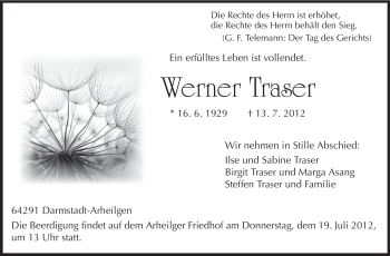 Traueranzeige von Werner Traser von Echo-Zeitungen (Gesamtausgabe)
