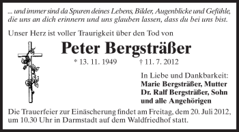 Traueranzeige von Peter Bergsträßer von Darmstädter Echo, Odenwälder Echo, Rüsselsheimer Echo, Groß-Gerauer-Echo, Ried Echo
