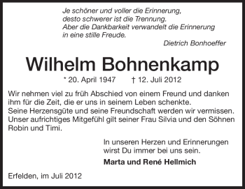 Traueranzeige von Wilhelm Bohnenkamp von Darmstädter Echo, Odenwälder Echo, Rüsselsheimer Echo, Groß-Gerauer-Echo, Ried Echo
