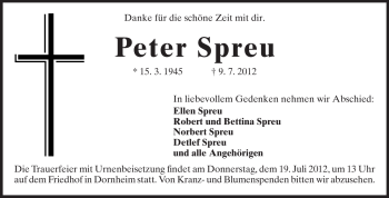 Traueranzeige von Peter Spreu von Rüsselsheimer Echo, Groß-Gerauer-Echo, Ried Echo