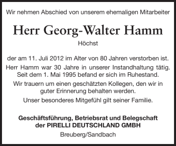 Traueranzeige von Georg-Walter Hamm von Odenwälder Echo