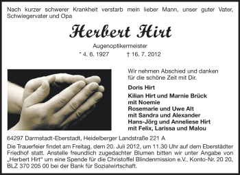 Traueranzeige von Herbert Hirt von Echo-Zeitungen (Gesamtausgabe)