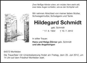 Traueranzeige von Hildegard Schmidt von Rüsselsheimer Echo, Groß-Gerauer-Echo, Ried Echo