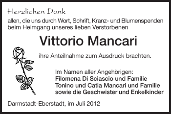 Traueranzeige von Vittorio Mancari von Echo-Zeitungen (Gesamtausgabe)