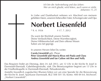 Traueranzeige von Norbert Liesenfeld von Echo-Zeitungen (Gesamtausgabe)