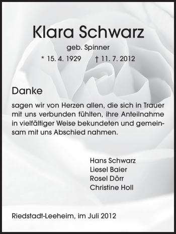Traueranzeige von Klara Schwarz von Rüsselsheimer Echo, Groß-Gerauer-Echo, Ried Echo