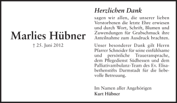 Traueranzeige von Marlies Hübner von Darmstädter Echo, Odenwälder Echo, Rüsselsheimer Echo, Groß-Gerauer-Echo, Ried Echo