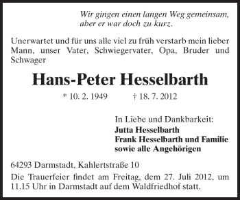 Traueranzeige von Hans-Peter Hesselbarth von Echo-Zeitungen (Gesamtausgabe)
