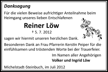 Traueranzeige von Reiner Löw von Odenwälder Echo