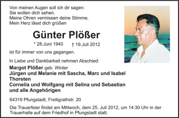 Traueranzeige von Günter Plößer von Echo-Zeitungen (Gesamtausgabe)