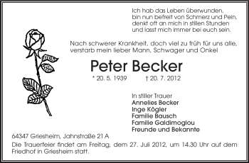 Traueranzeige von Peter Becker von Echo-Zeitungen (Gesamtausgabe)