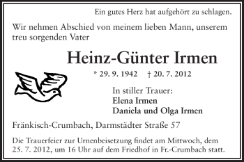 Traueranzeige von Heinz-Günter Irmen von Odenwälder Echo