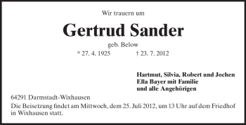 Traueranzeige von Gertrud Sander von Echo-Zeitungen (Gesamtausgabe)