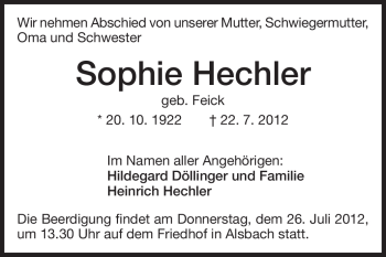 Traueranzeige von Sophie Hechler von Echo-Zeitungen (Gesamtausgabe)