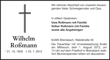Traueranzeige von Wilhelm Roßmann von Odenwälder Echo