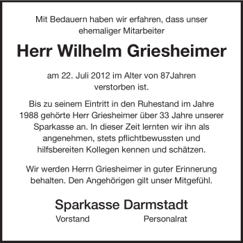 Traueranzeige von Wilhelm Griesheimer von Echo-Zeitungen (Gesamtausgabe)