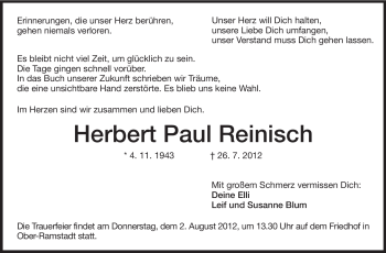 Traueranzeige von Herbert Paul Reinisch von Echo-Zeitungen (Gesamtausgabe)