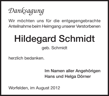 Traueranzeige von Hildegard Schmidt von Rüsselsheimer Echo, Groß-Gerauer-Echo, Ried Echo