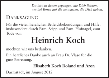 Traueranzeige von Heinrich Koch von Echo-Zeitungen (Gesamtausgabe)