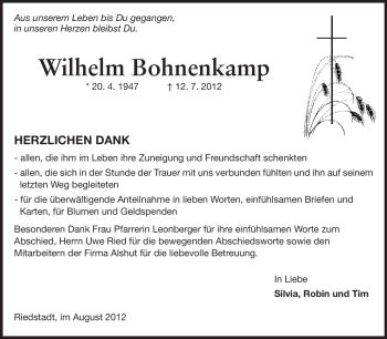 Traueranzeige von Wilhelm Bohnenkamp von Echo-Zeitungen (Gesamtausgabe)