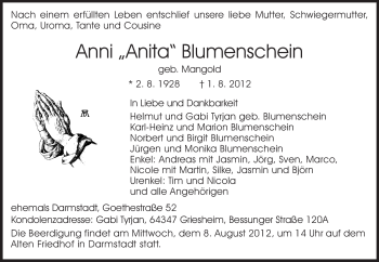 Traueranzeige von Anni Blumenschein von Darmstädter Echo, Odenwälder Echo, Rüsselsheimer Echo, Groß-Gerauer-Echo, Ried Echo