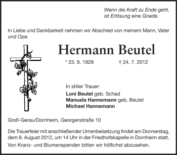 Traueranzeige von Hermann Beutel von Rüsselsheimer Echo, Groß-Gerauer-Echo, Ried Echo