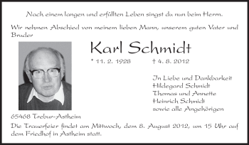 Traueranzeige von Karl Schmidt von Rüsselsheimer Echo, Groß-Gerauer-Echo, Ried Echo