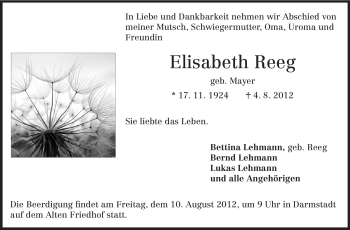 Traueranzeige von Elisabeth Reeg von Darmstädter Echo, Odenwälder Echo, Rüsselsheimer Echo, Groß-Gerauer-Echo, Ried Echo