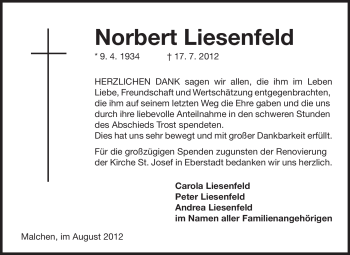 Traueranzeige von Norbert Liesenfeld von Echo-Zeitungen (Gesamtausgabe)
