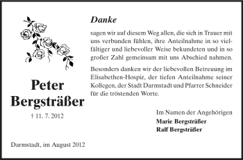 Traueranzeige von Peter Bergsträßer von Darmstädter Echo, Odenwälder Echo, Rüsselsheimer Echo, Groß-Gerauer-Echo, Ried Echo