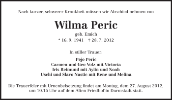 Traueranzeige von Wilma Peric von Darmstädter Echo, Odenwälder Echo, Rüsselsheimer Echo, Groß-Gerauer-Echo, Ried Echo