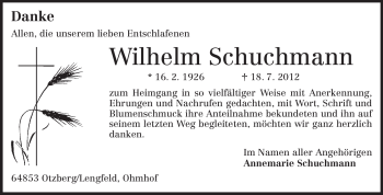Traueranzeige von Wilhelm Schuchmann von Echo-Zeitungen (Gesamtausgabe)