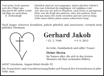 Traueranzeige von Gerhard Jakob von Darmstädter Echo, Odenwälder Echo, Rüsselsheimer Echo, Groß-Gerauer-Echo, Ried Echo