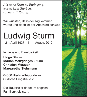 Traueranzeige von Ludwig Sturm von Rüsselsheimer Echo, Groß-Gerauer-Echo, Ried Echo